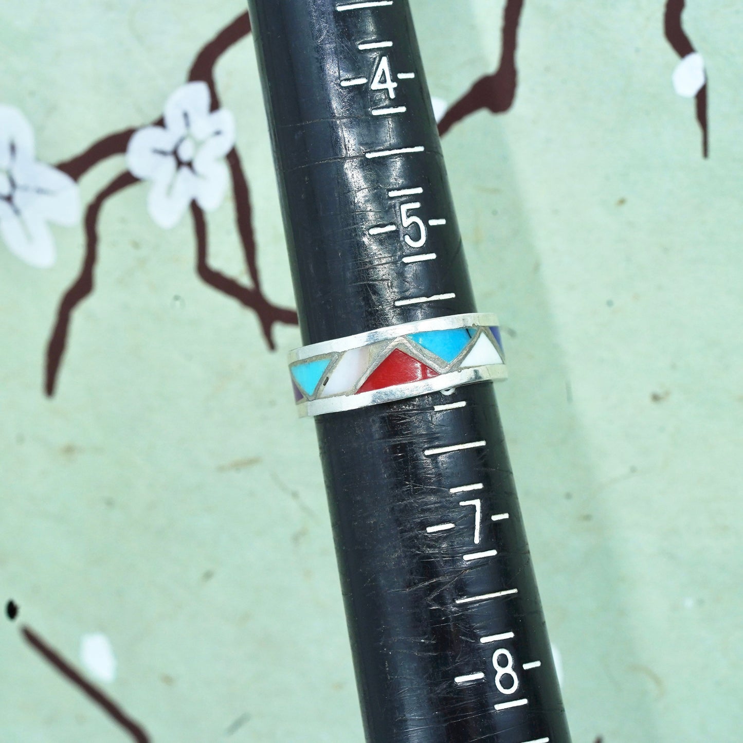 Size 5.75, Sterling silver handmade ring 925 zig zag band turquoise coral inlay