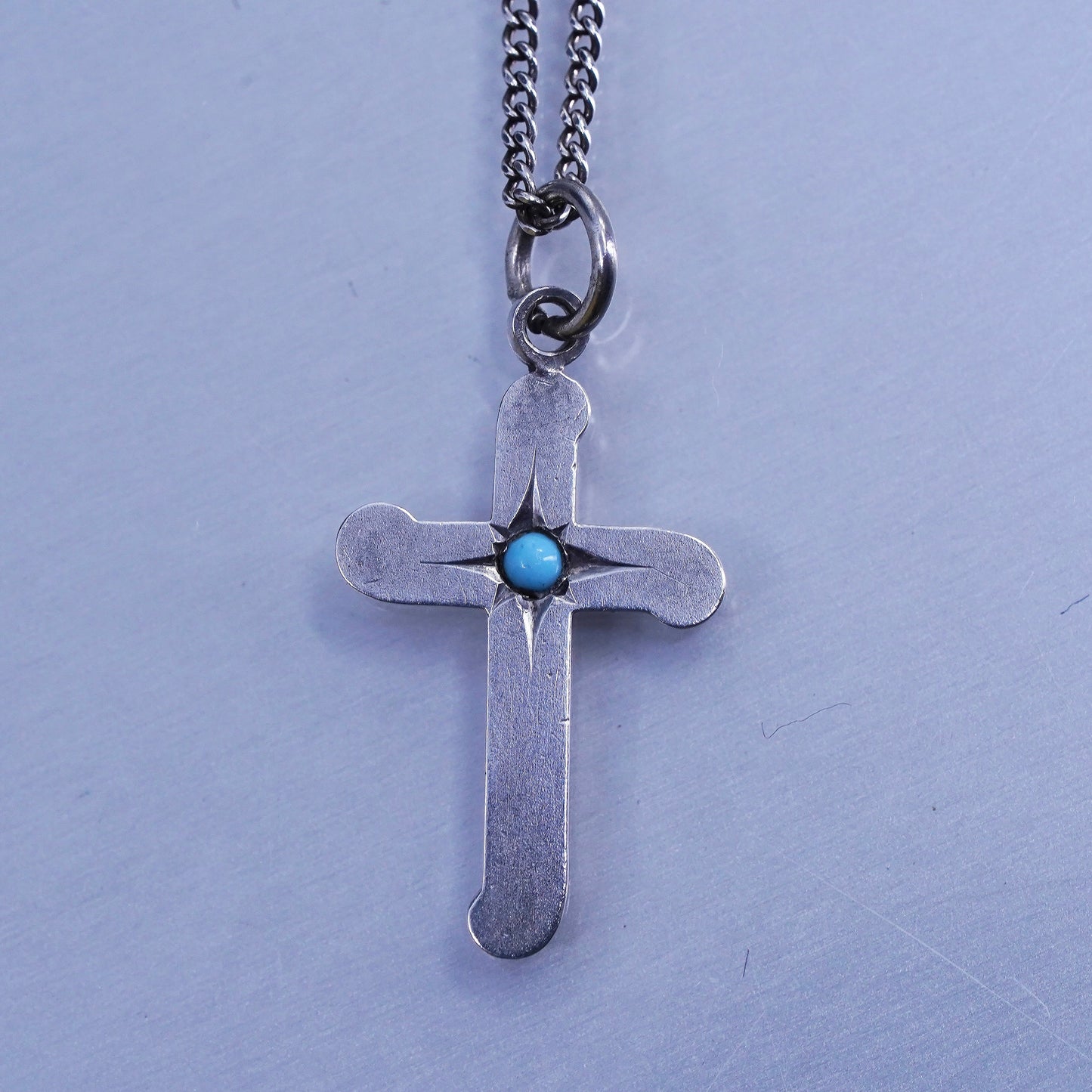 18”, VTG Sterling 925 silver curb chain necklace with turquoise cross pendant