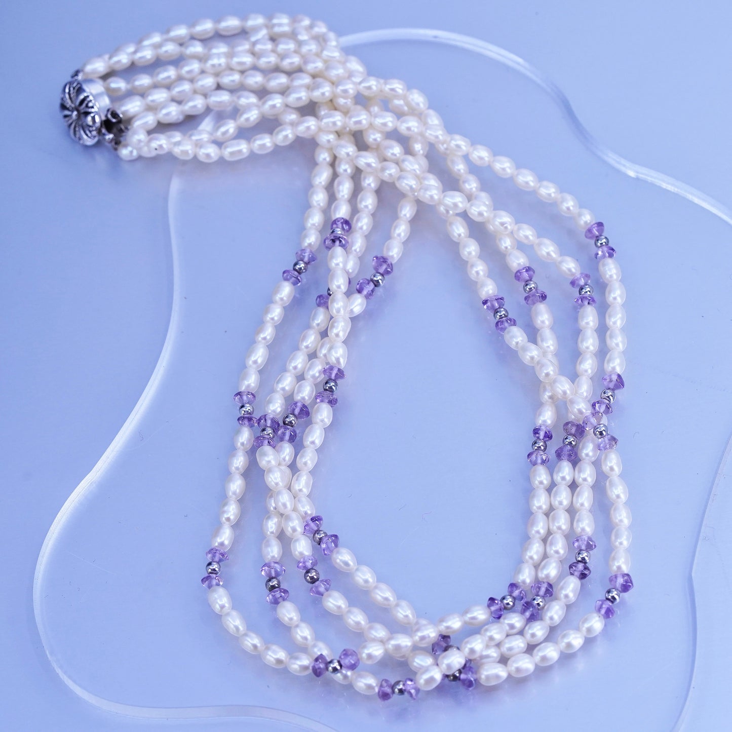 18”, vintage Sterling 925 silver handmade multi strands necklace with pearls amethyst