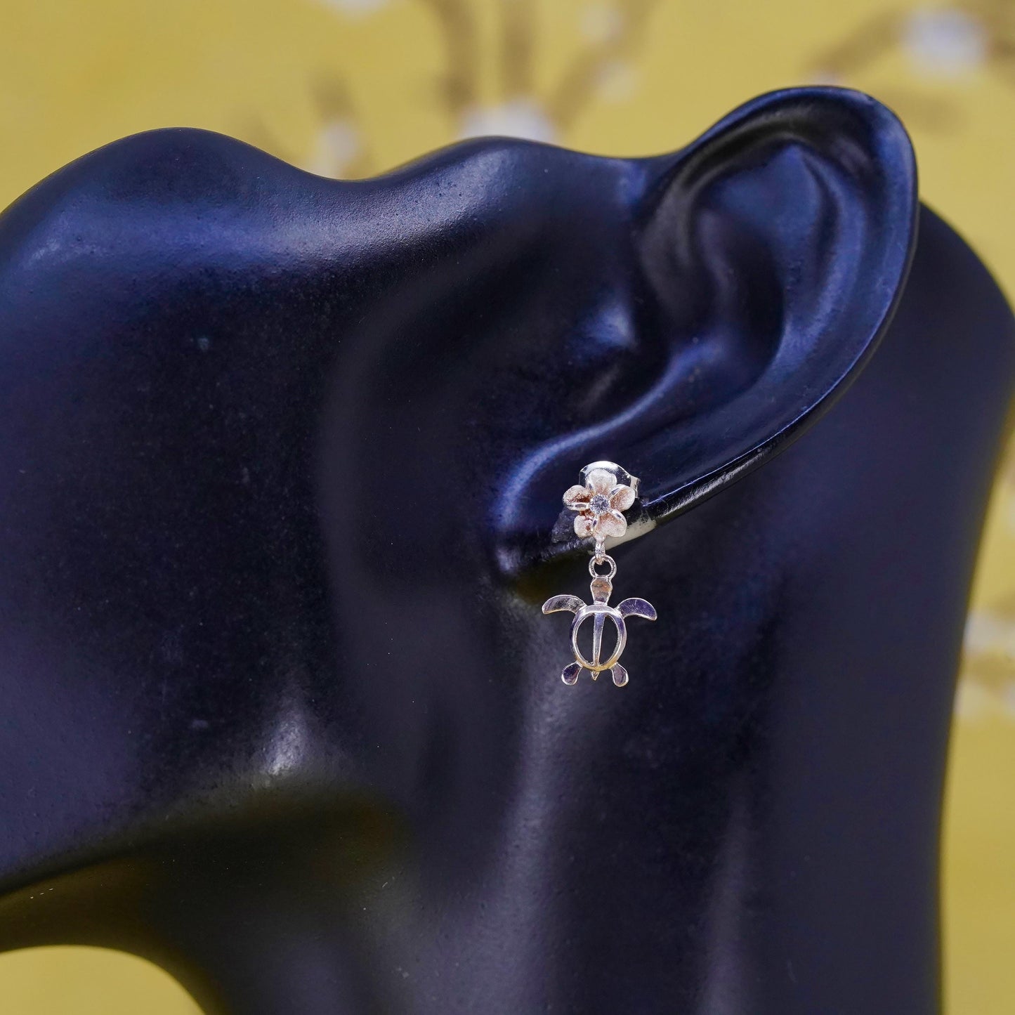 Vintage Sterling silver earrings, 925 plumeria flower studs with turtle dangles