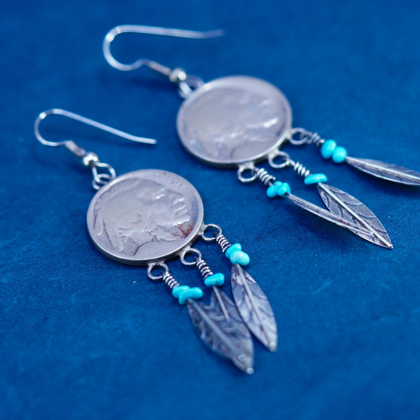 Native American silver tone handmade earrings with Buffalo nickel and feather