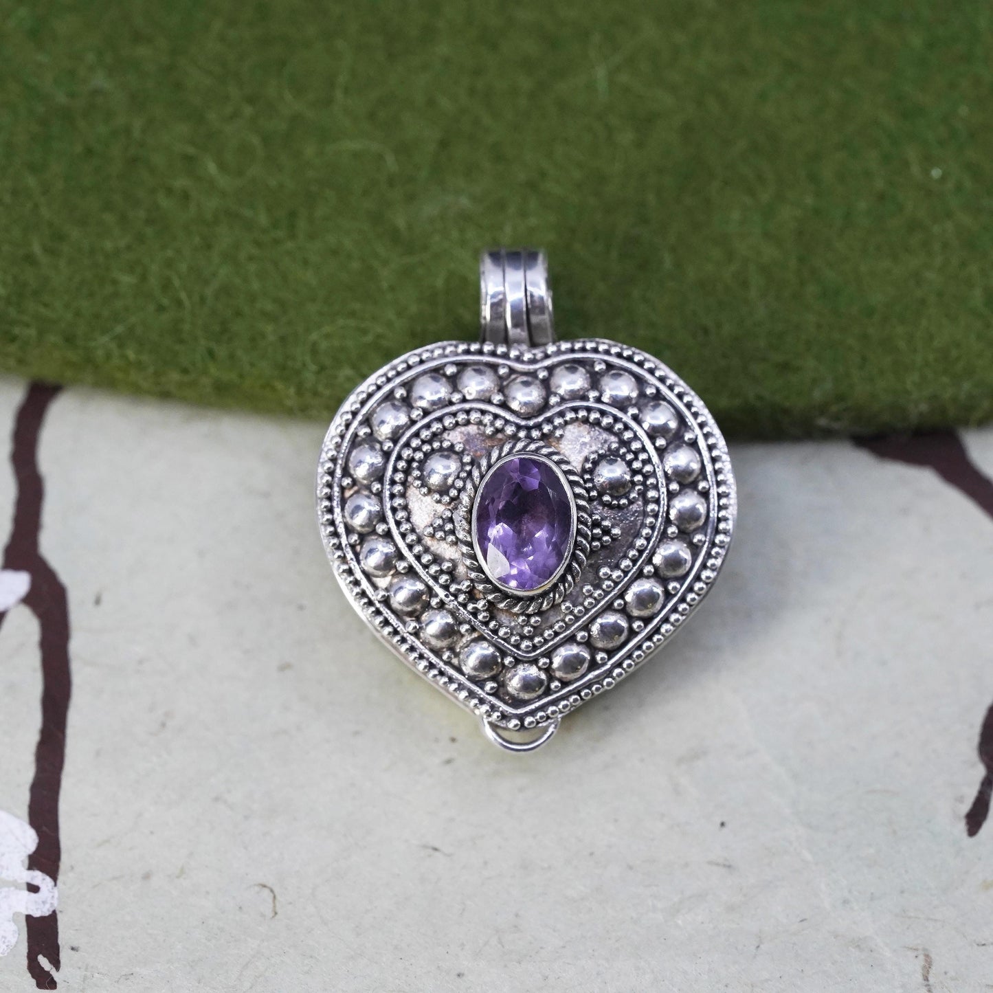 VTG Sterling silver handmade pendant, beaded 925 heart locket charm amethyst