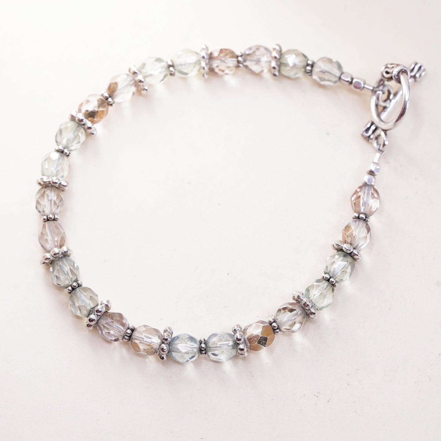7.25", Sterling silver handmade bracelet, 925 Crystal beads and toggle closure