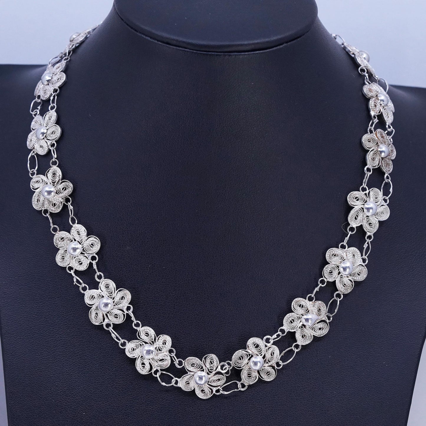 16", Vintage Sterling 925 Silver handmade Necklace Filigree Floral link chain