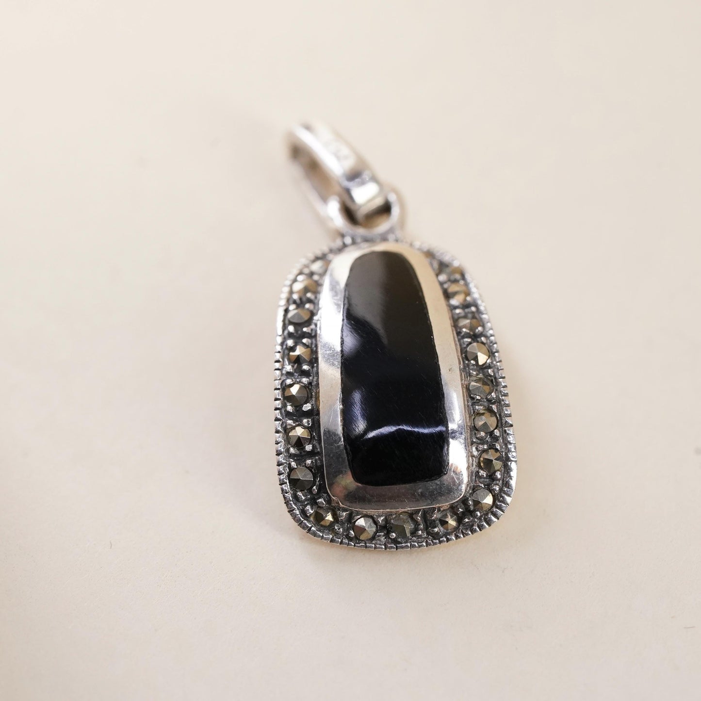handmade sterling 925 silver pendant with black onyx inlay marcasite details