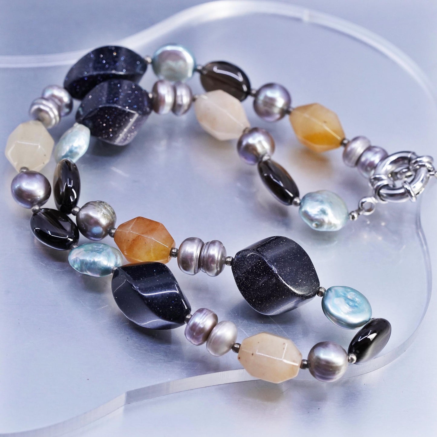 18", vintage Sterling 925 silver necklace with pearl citrine goldstone beads