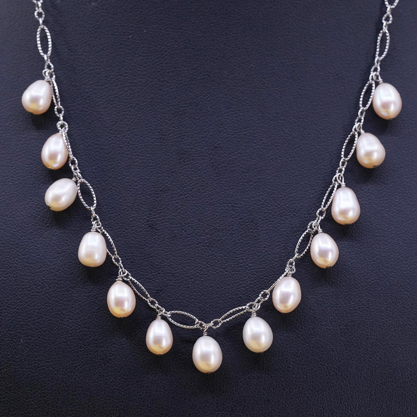 16+2", Sterling 925 silver handmade oval chain necklace with cluster pearls