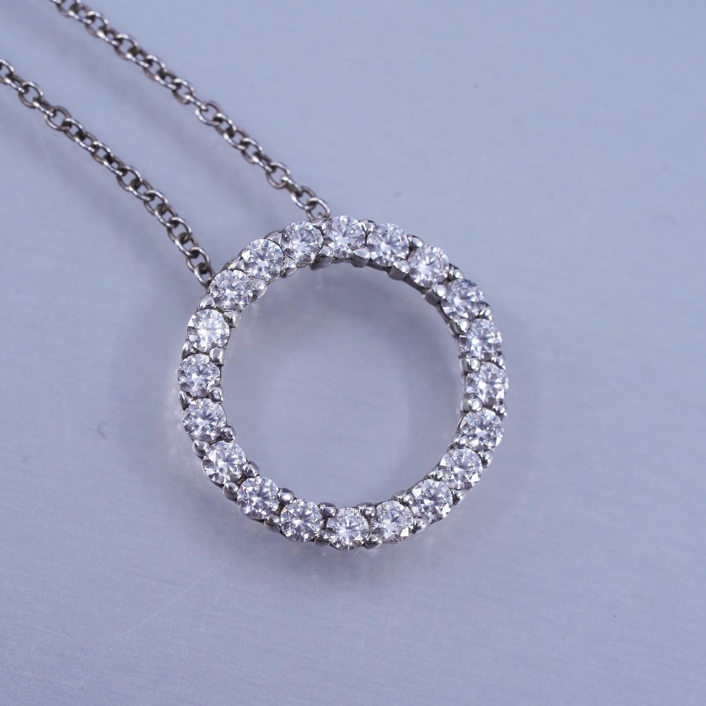16+2”, vintage Sterling 925 silver circle necklace with cz circle beat pendant