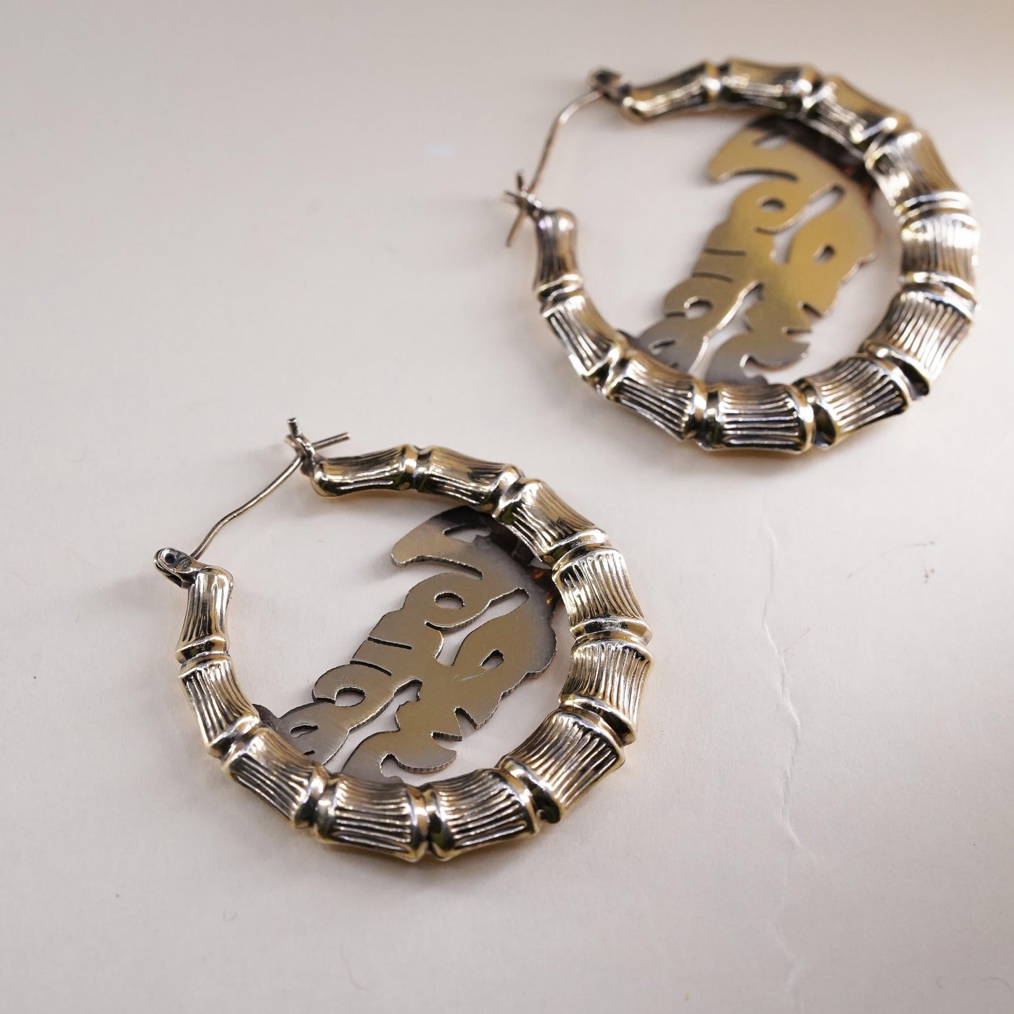 1.5", vermeil gold over sterling silver earrings, textured bamboo hoops Joyce