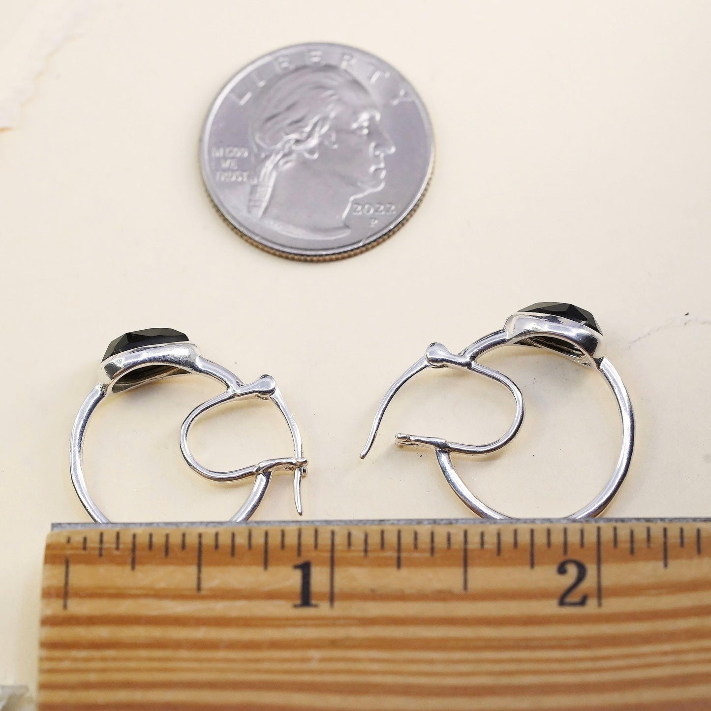 1" Vintage D’Joy sterling silver bold loop earrings, hoops teardrop black onyx