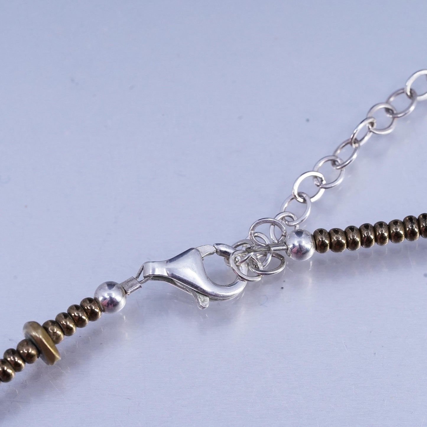 17+2", vintage 925 Sterling 925 Silver Necklace with brass and abalone beads