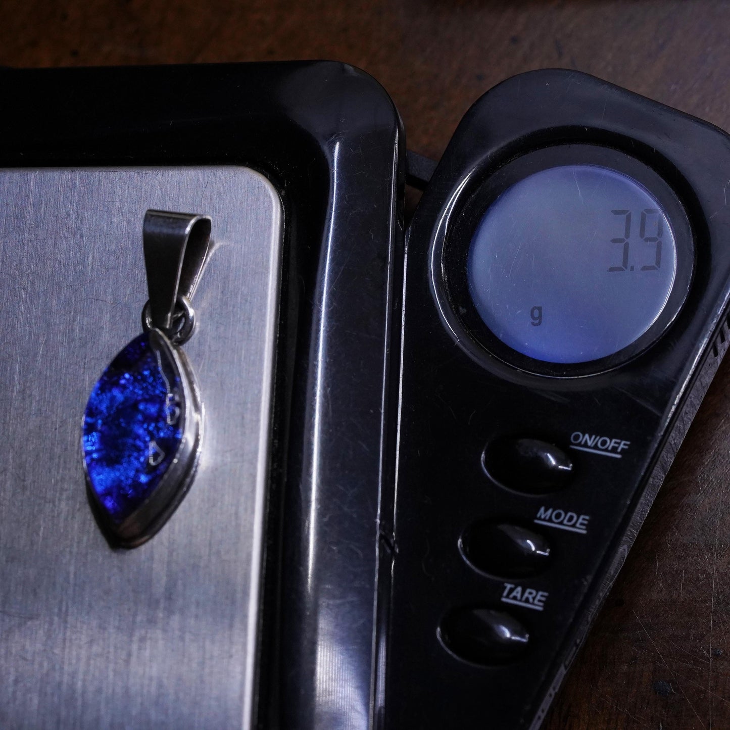 Vintage Sterling 925 silver handmade pendant with blue foil glass, unique