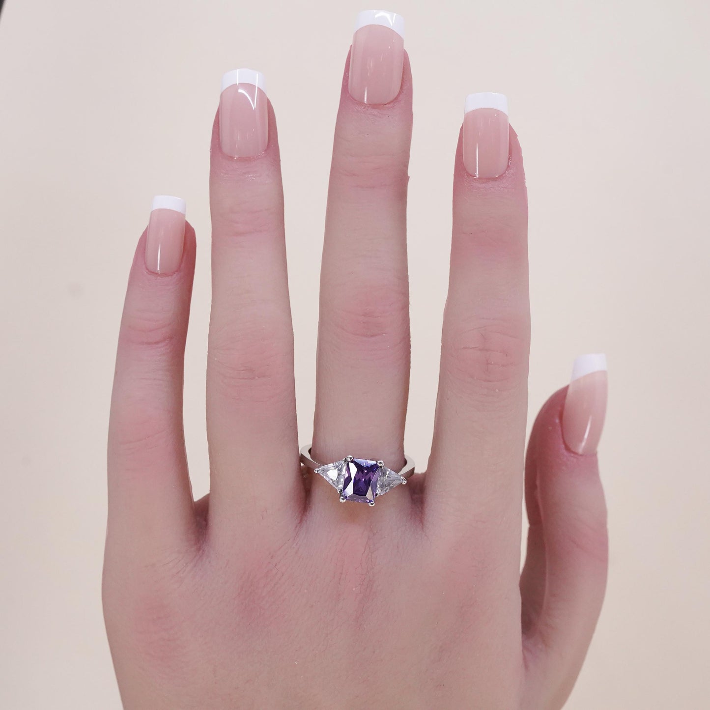 Size 8.5, Vintage sterling 925 silver handmade ring with amethyst and cz
