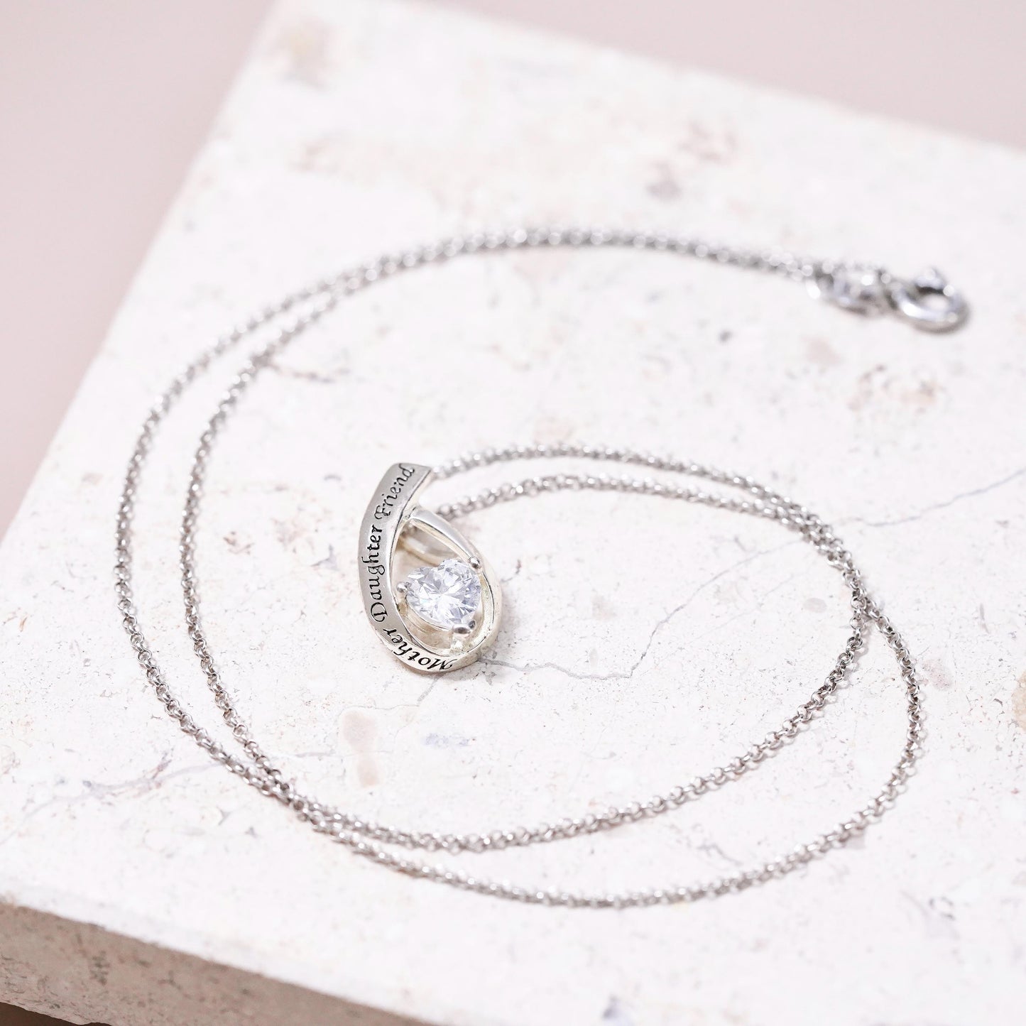 18”, Sterling silver necklace, 925 circle chain cz pendant mother daughter