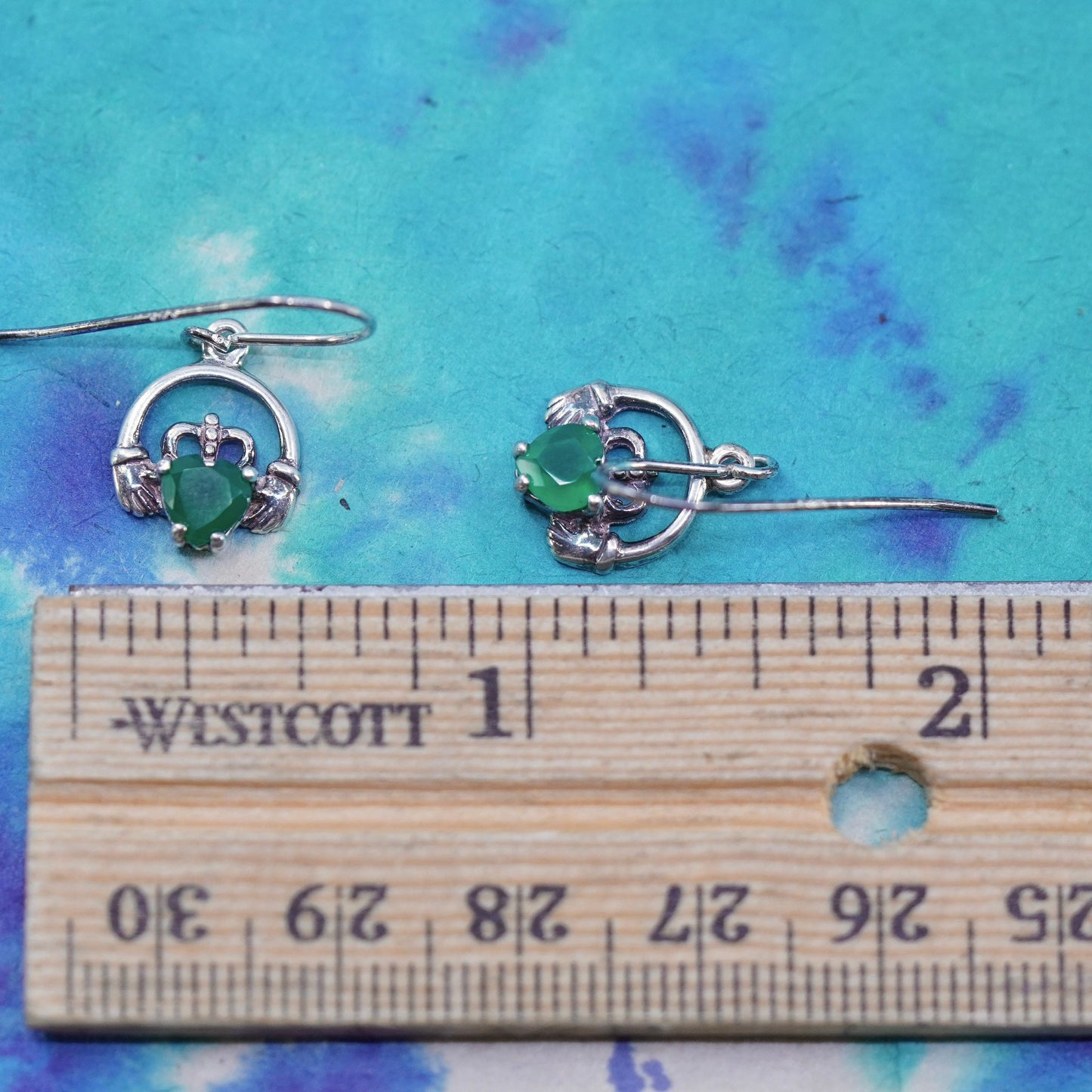Vintage Sterling 925 silver handmade heart claddagh earrings with emerald heart
