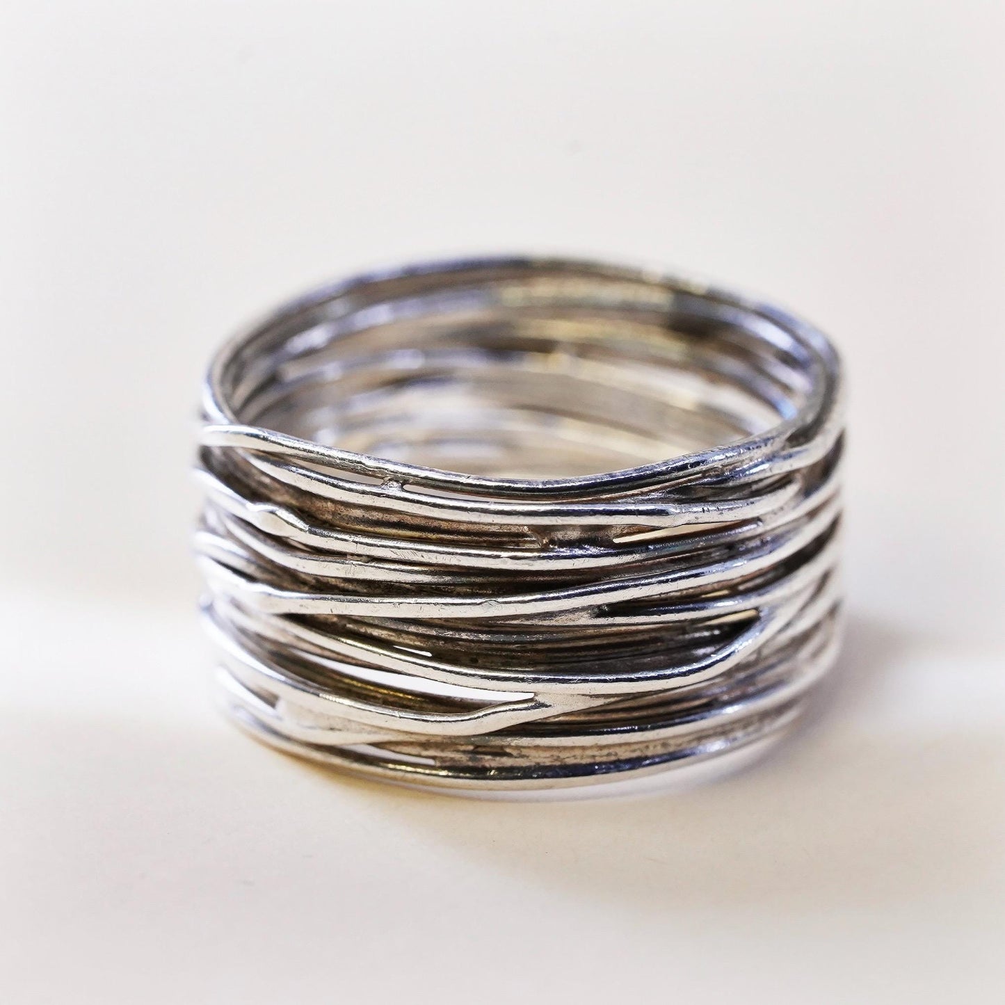 Size 10, vintage Sterling silver handmade ring, 925 wide band wired textured