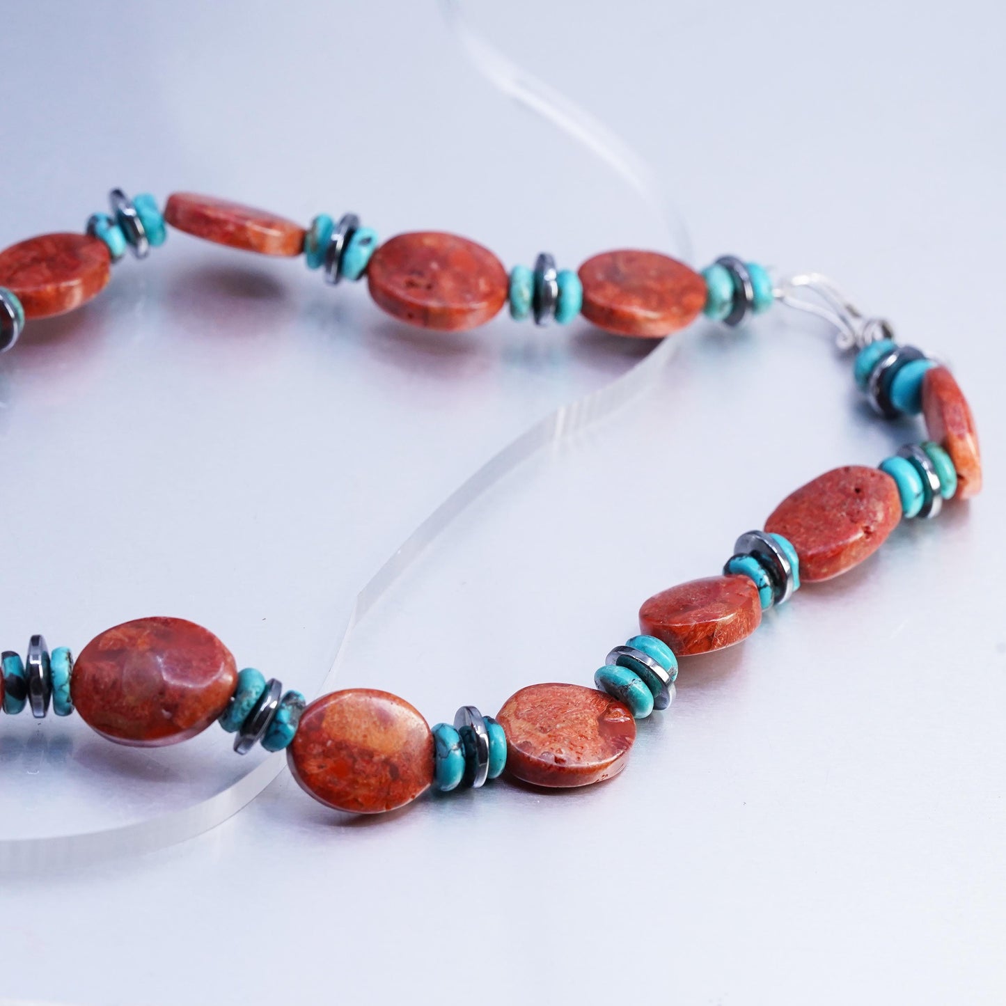22", Native American Sterling Silver 925 necklace green turquoise coral beads