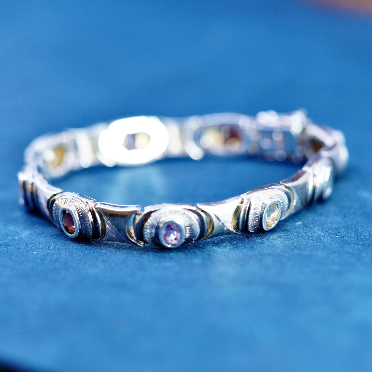 7”, Sterling 925 silver tennis bracelet amethyst, peridot, ruby, citrine topaz