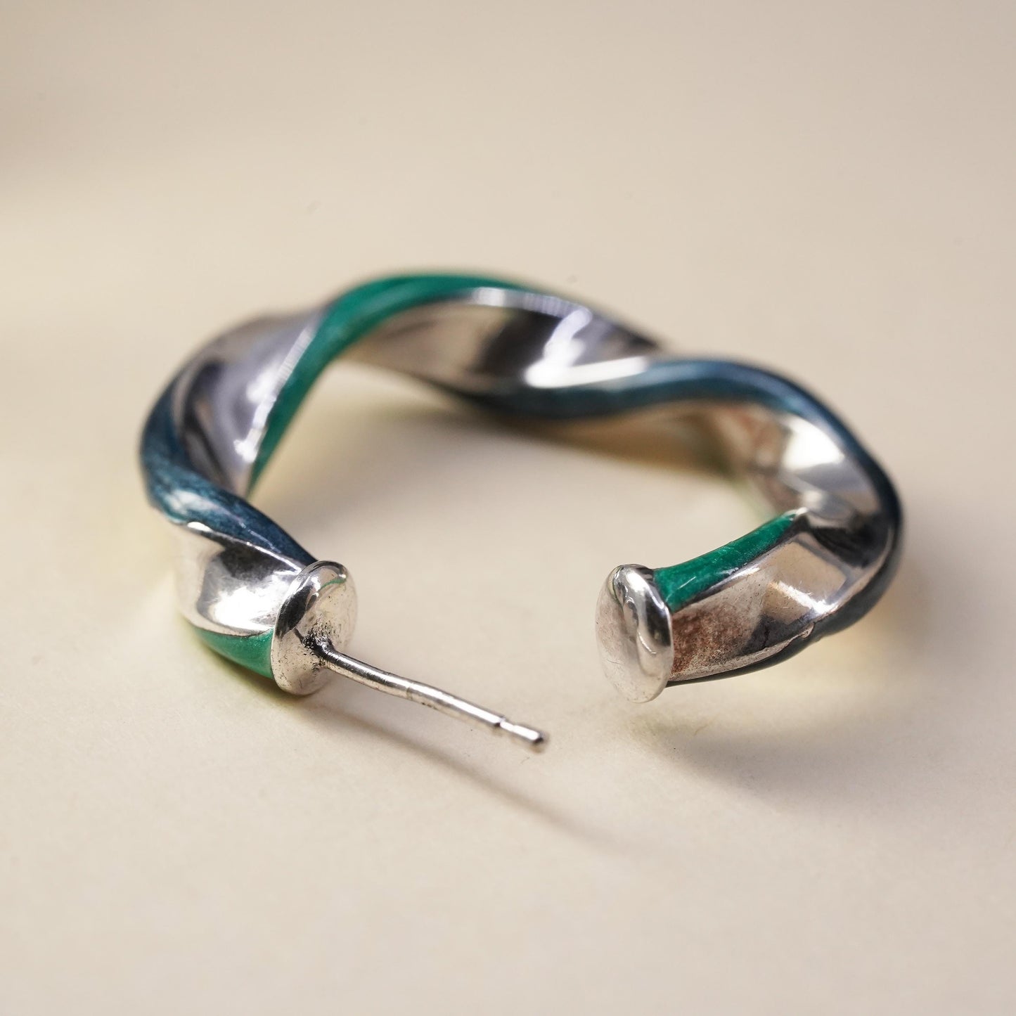 1.25", Vintage sterling silver loop single earring, twisted hoop green enamel