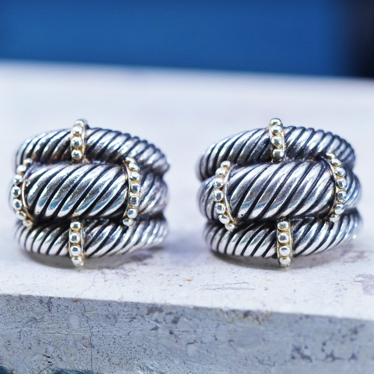 Sterling silver Ribbed earrings, modern 925 silver cable studs with gold beads