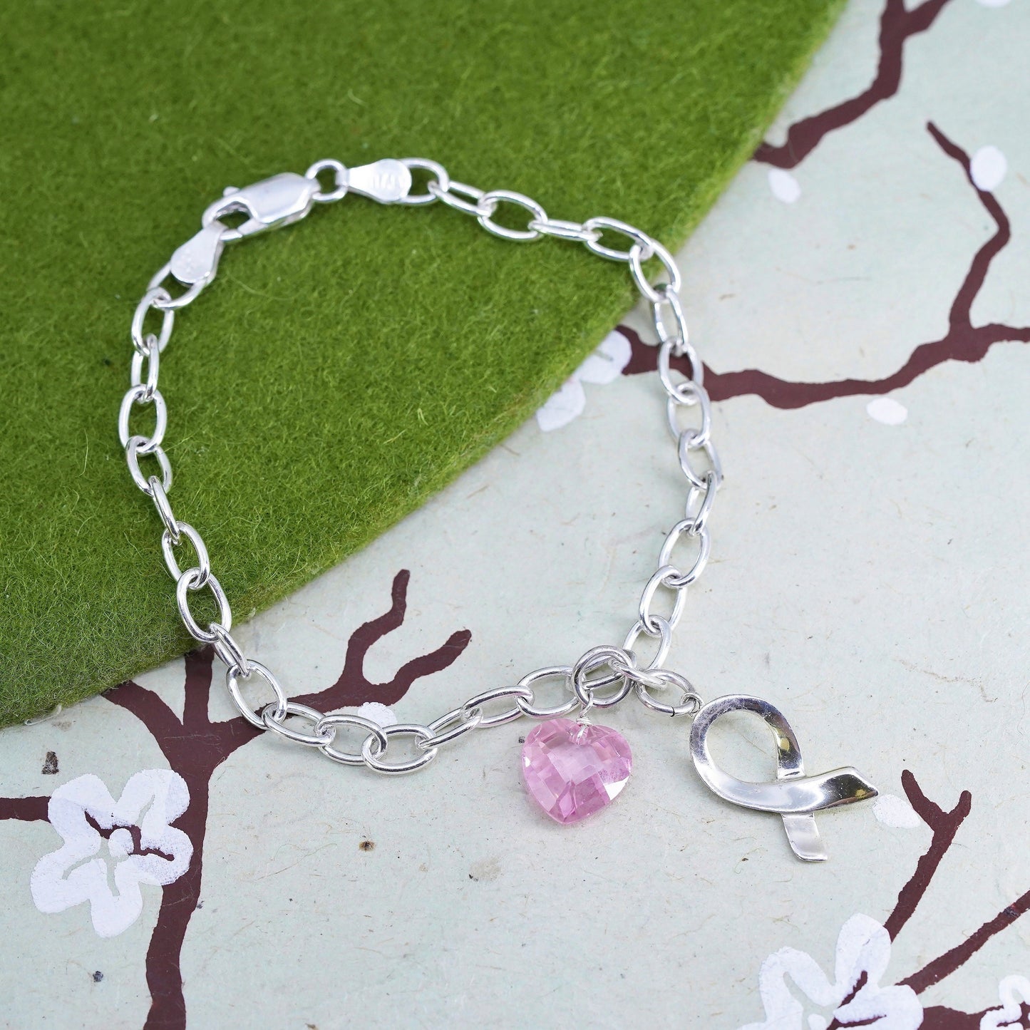 7", sterling silver circle bracelet, 925 chain Cz heart breast cancer survivor