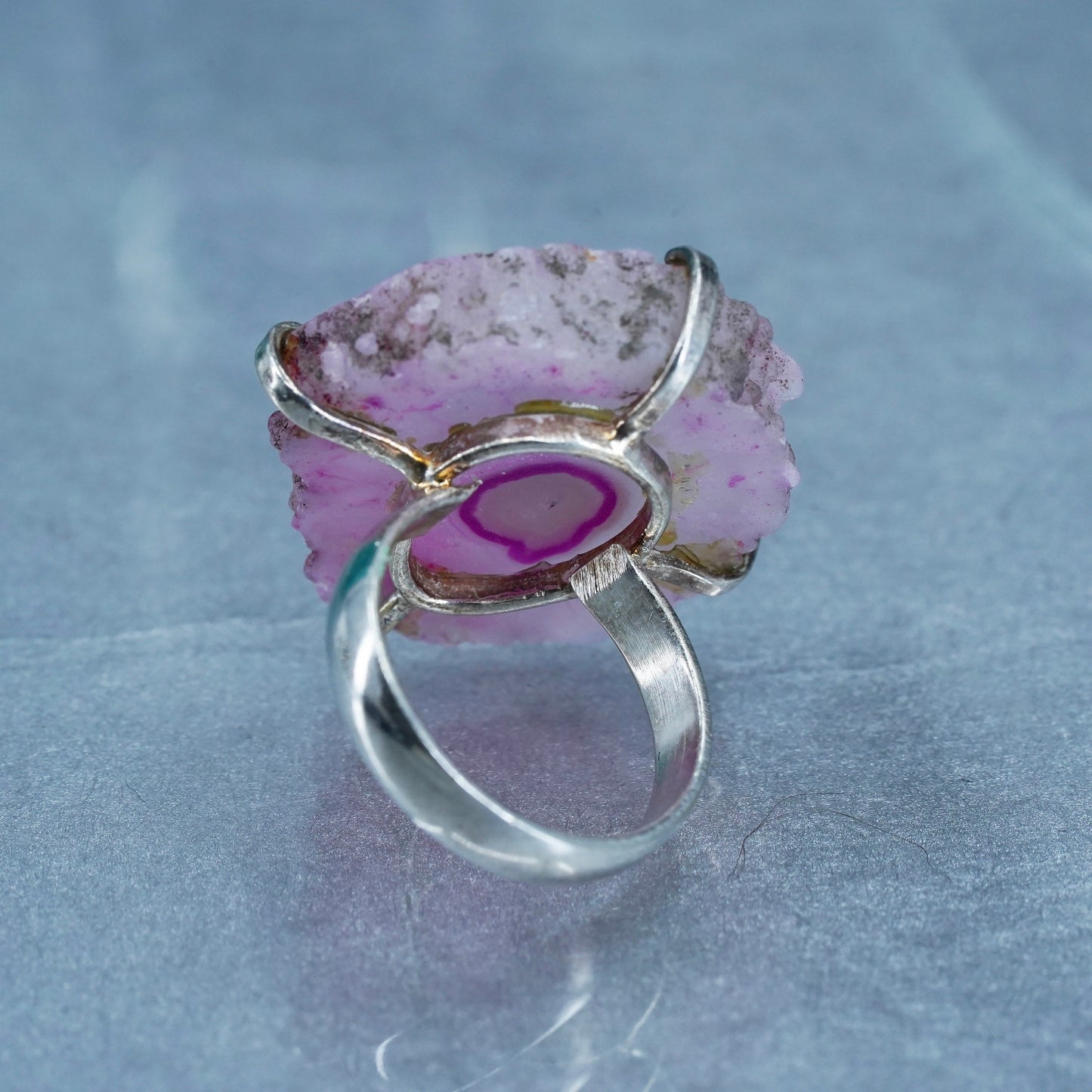 Size 7.25, vintage Sterling 925 silver handmade statement ring with pink agate
