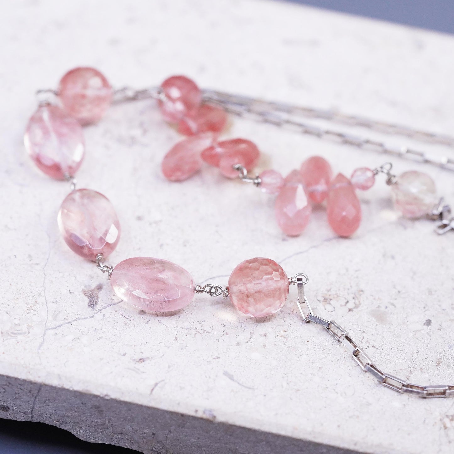 34", Sterling 925 Silver extra long necklace, elongated chain rose pink Quartz