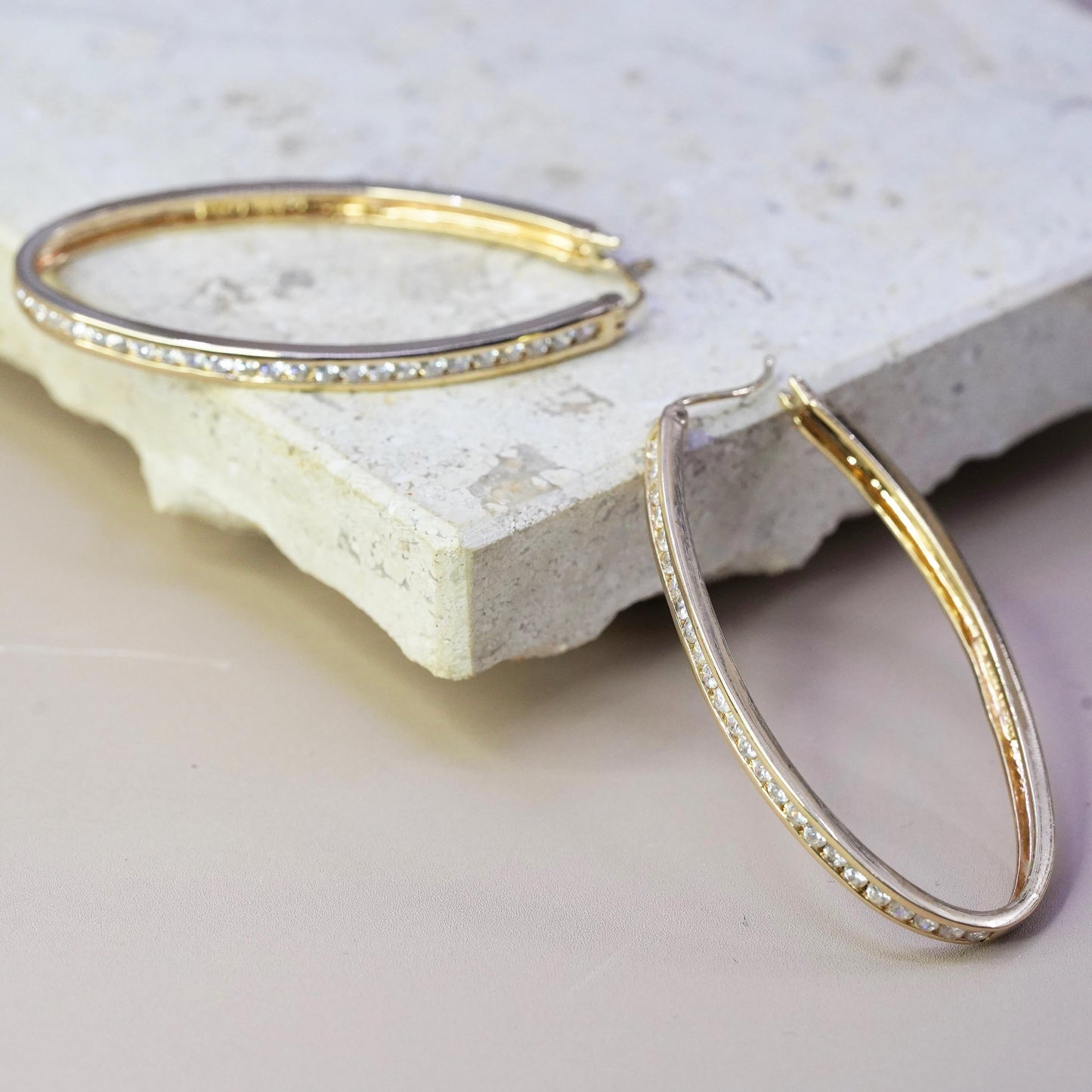 2”, vintage vermeil gold over Sterling silver earrings, 925 oval hoops with cz
