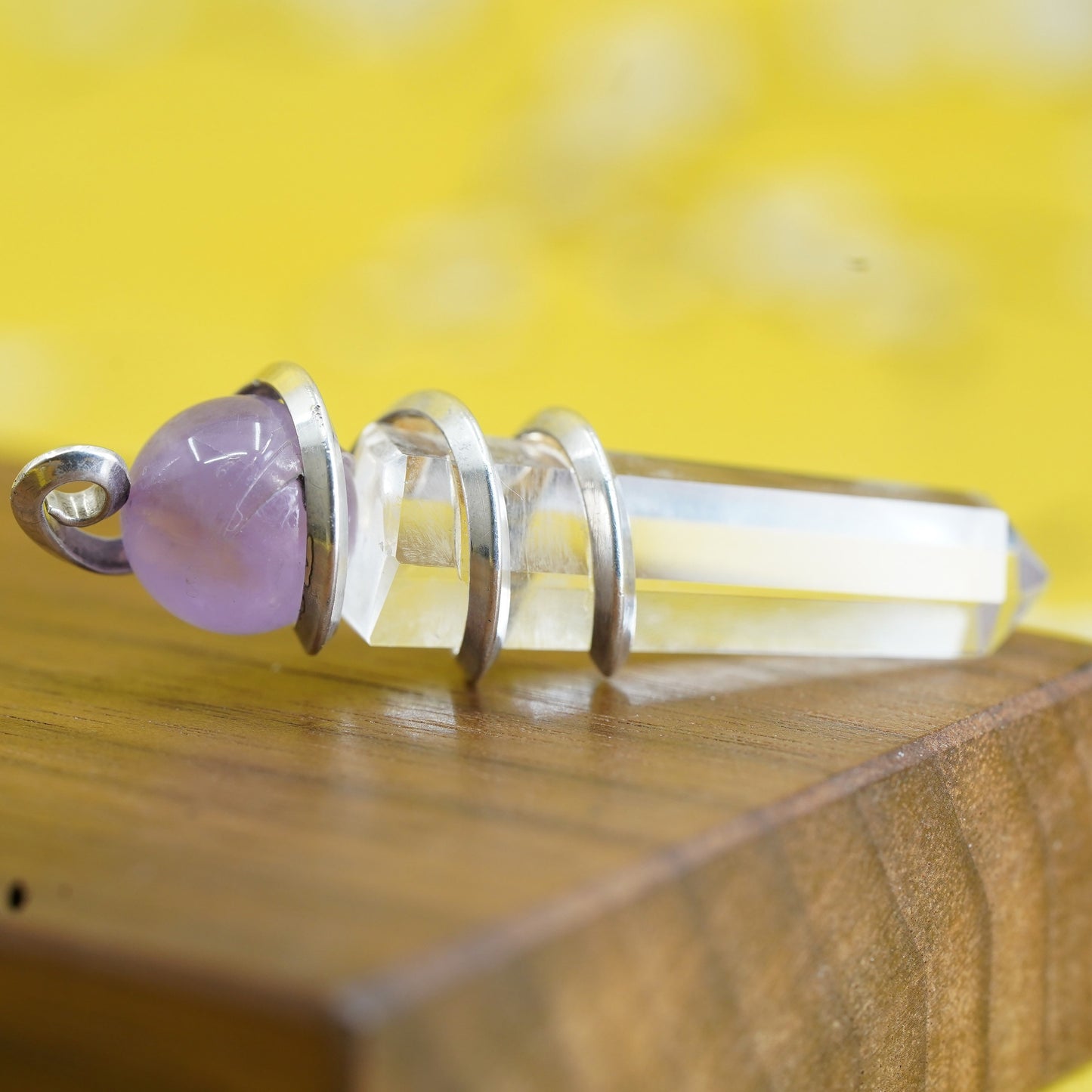 Vintage sterling 925 silver handmade healing crystal wired pendant w/ amethyst