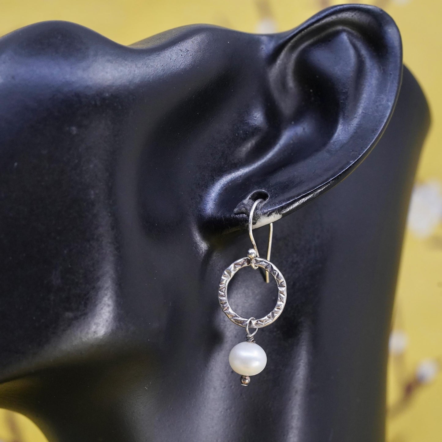 Vintage Sterling silver handmade earrings, 925 circle with pearl drops