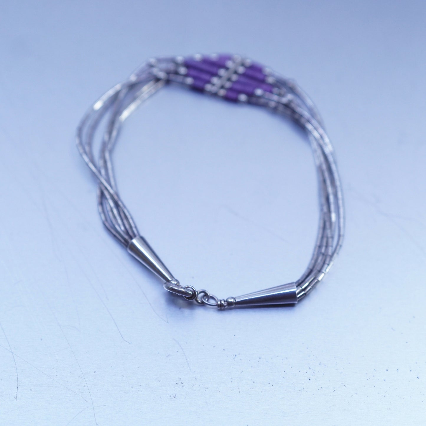 6.75”, Sterling 925 silver handmade bracelet, liquid chain purple stone charm