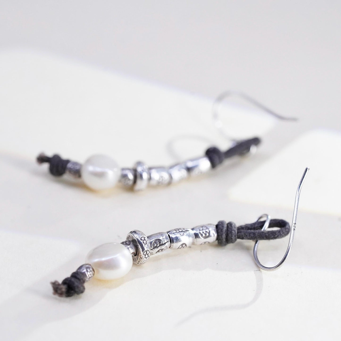 Vintage 925 Sterling Silver Leather Textured Earrings with pearl beads