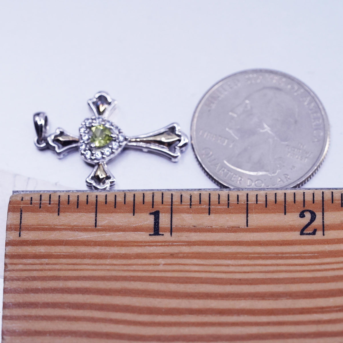 Vintage sterling 925 silver cross pendant with heart peridot cluster CZ crystal