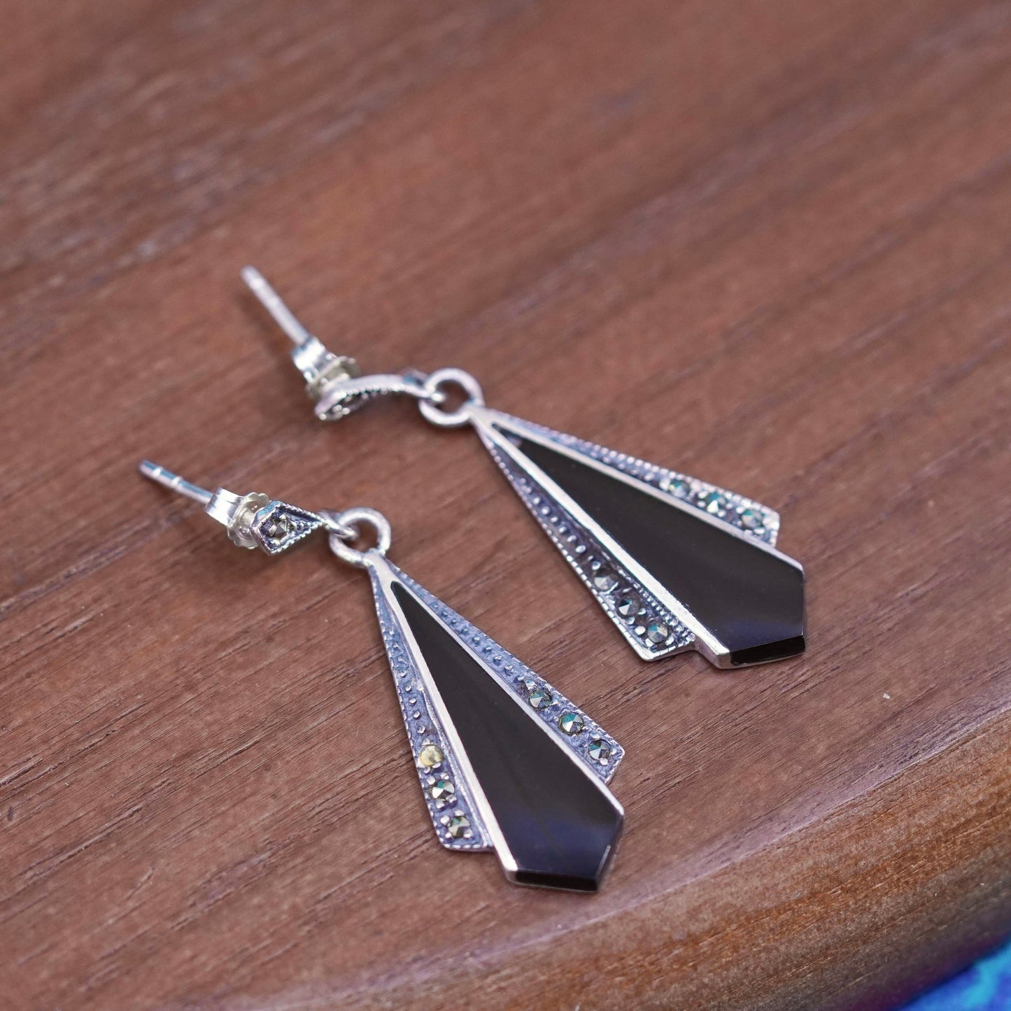 vtg Sterling 925 Silver handmade Earrings with black onyx and marcasite around