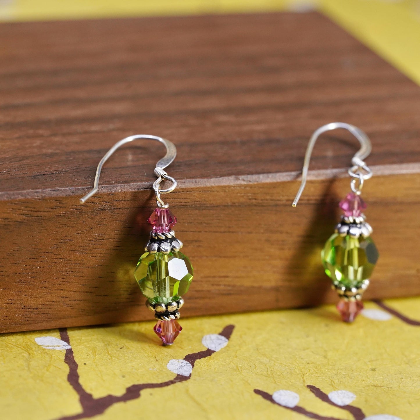 Vintage Sterling silver handmade earrings, 925 hooks with green crystal beads