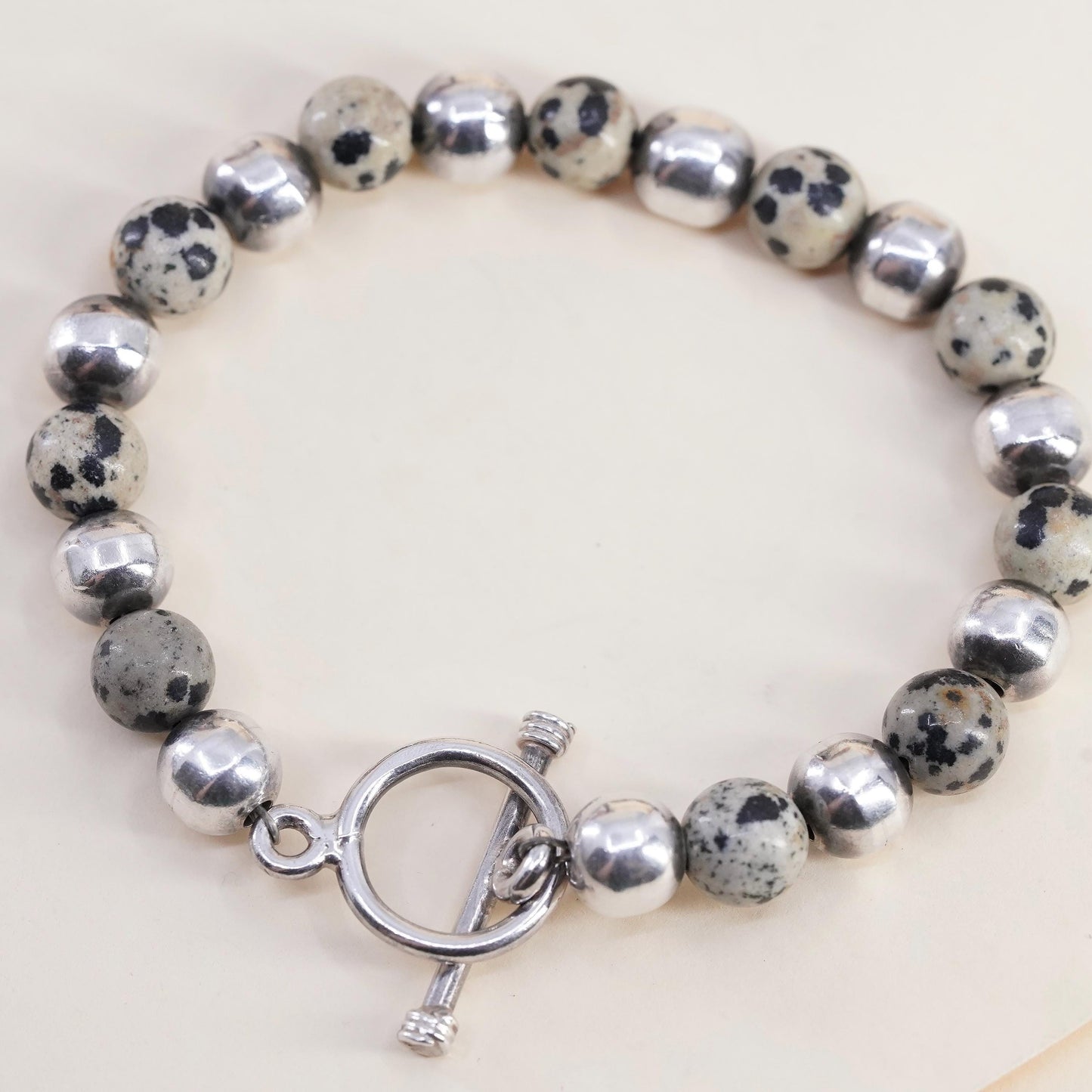 6.5”, Sterling Silver 925 Dalmatian Jasper Bead Bracelet, Spotted Jasper Beaded