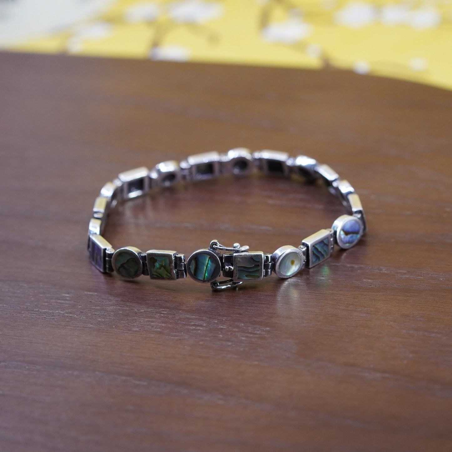 6.25”, vintage Sterling 925 silver tennis bracelet with abalone inlay