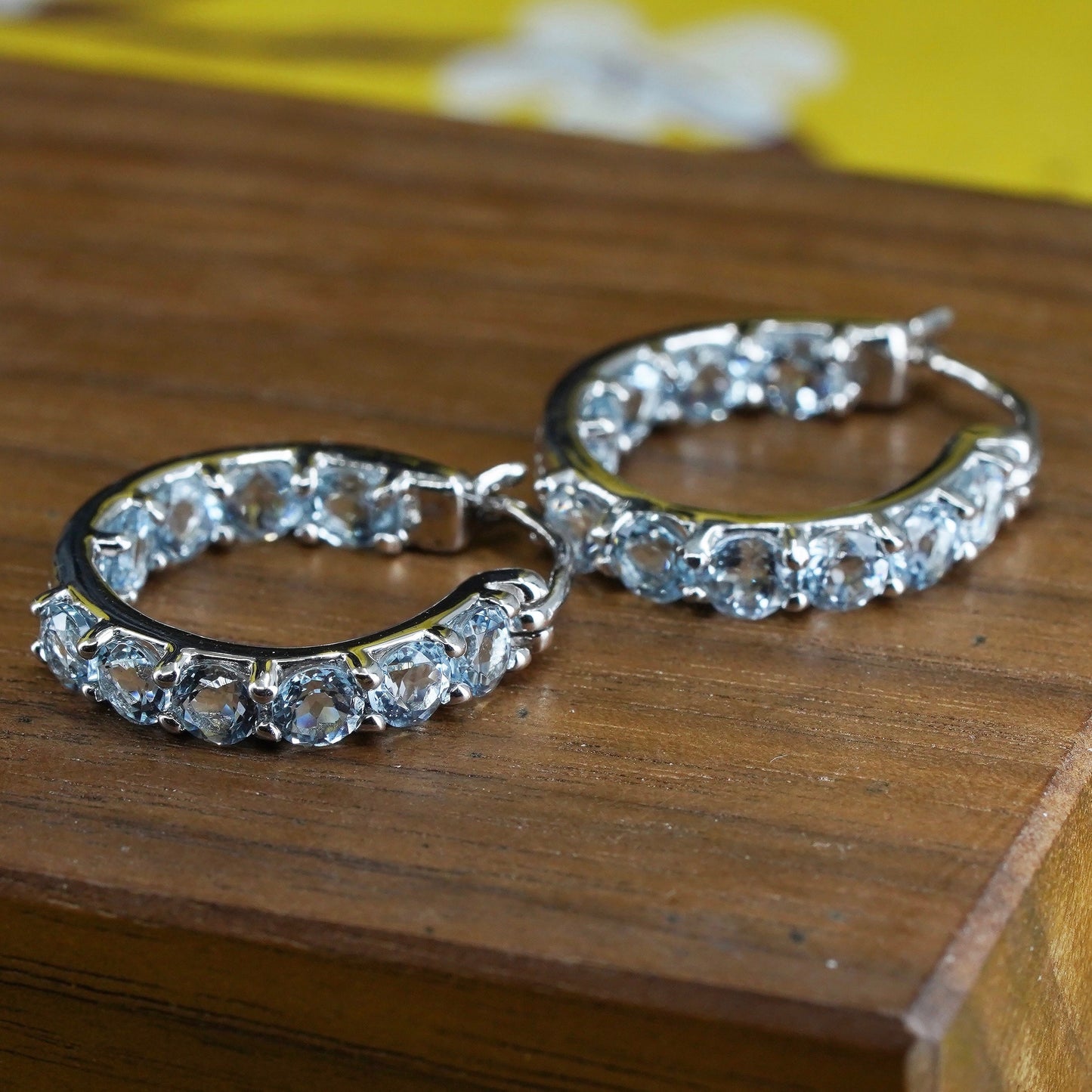 0.75", vintage HT Sterling silver huggie earrings, 925 hoops with blue crystal