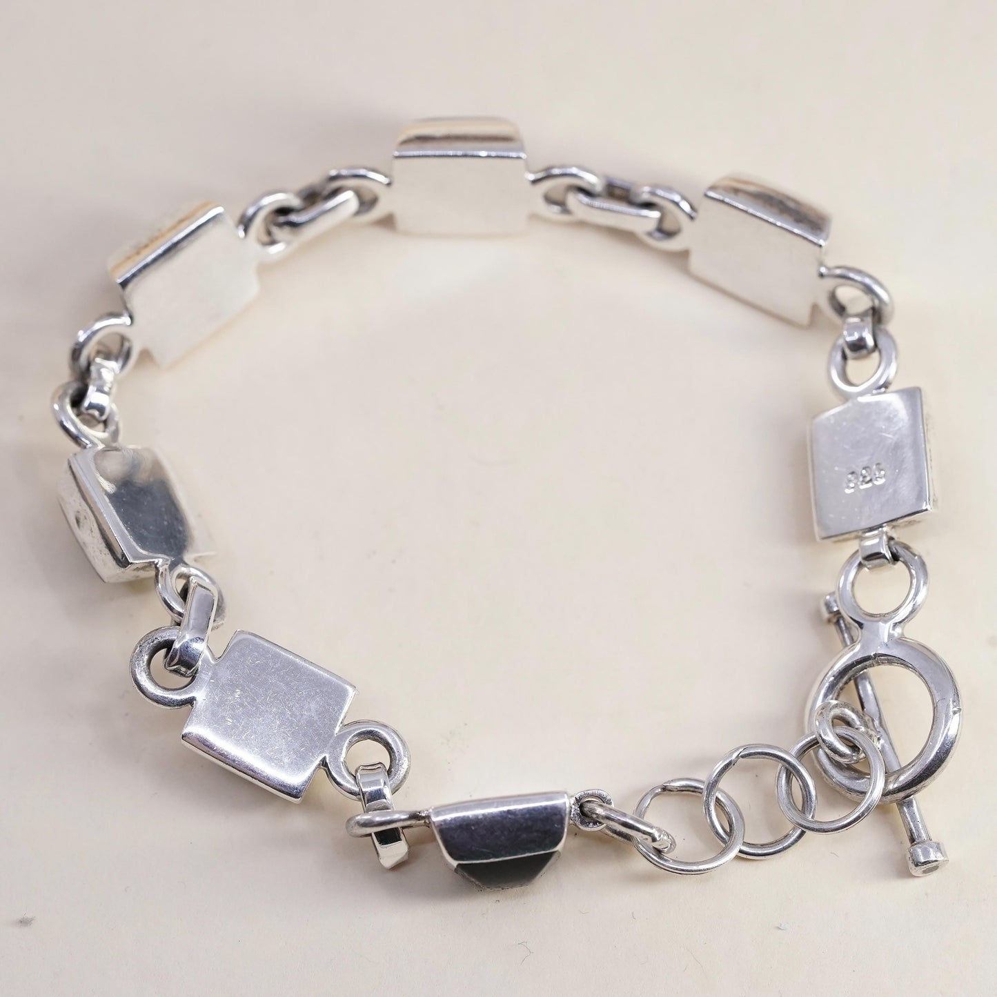 7.75", Vintage Mexican Sterling Silver Black Onyx Bracelet, Square Onyx chain