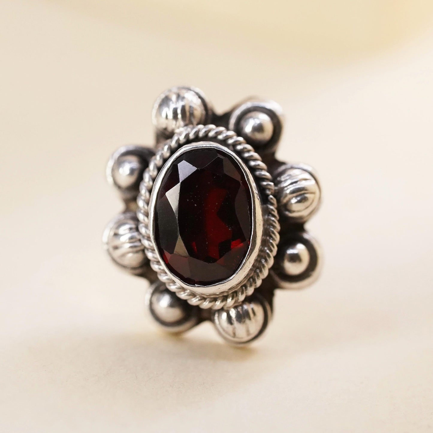 Vintage handmade single earring. Sterling 925 silver stud with garnet