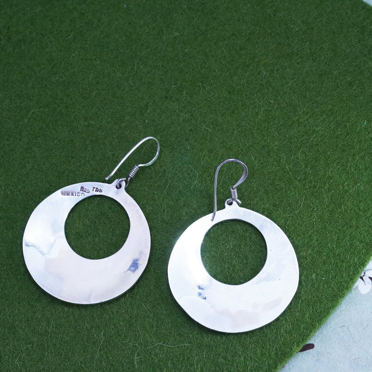 sterling silver handmade earrings, mexico 925 huge circle with turquoise bird