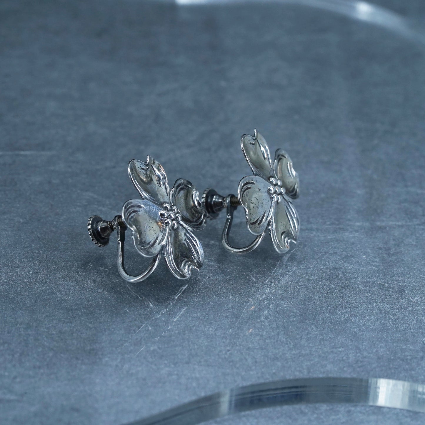 Vintage NYE Sterling 925 silver handmade earrings, screw back dogwood flower