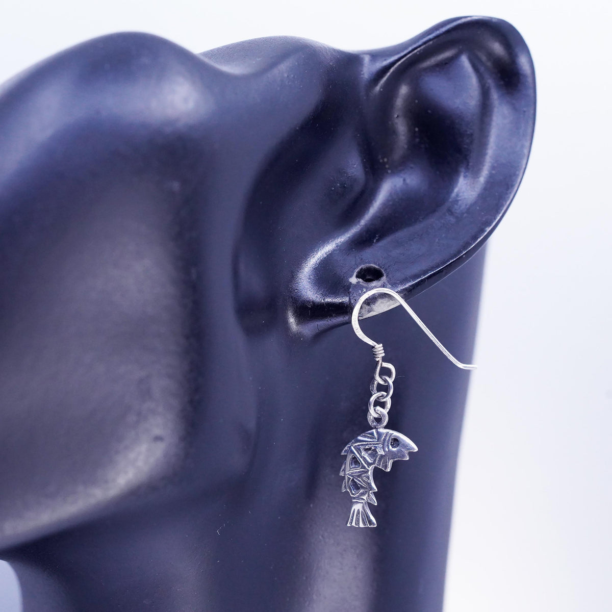 Vintage Sterling Silver 925 Fish Dangle Earrings, Geometric Fish Skeleton Drops