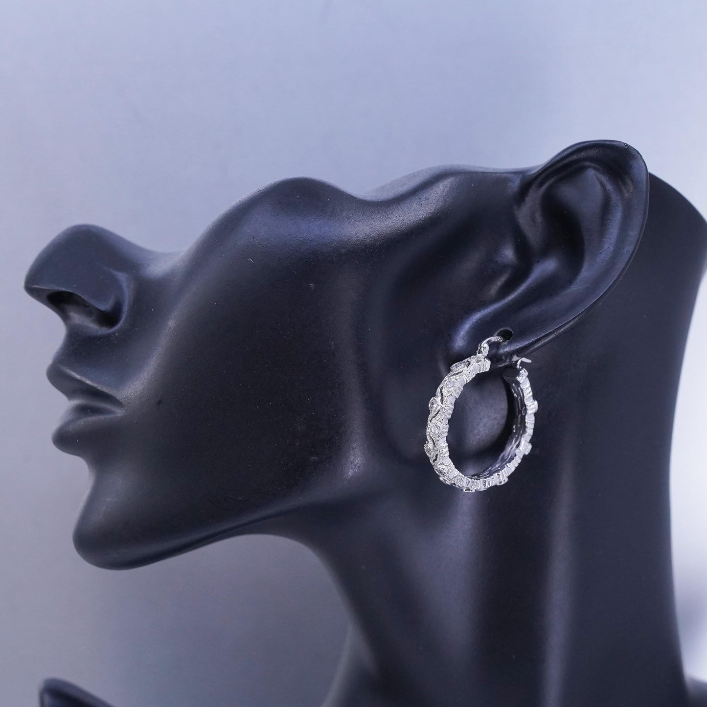 1.25”, vintage Sterling silver handmade earrings, 925 huggie hoops cluster Cz