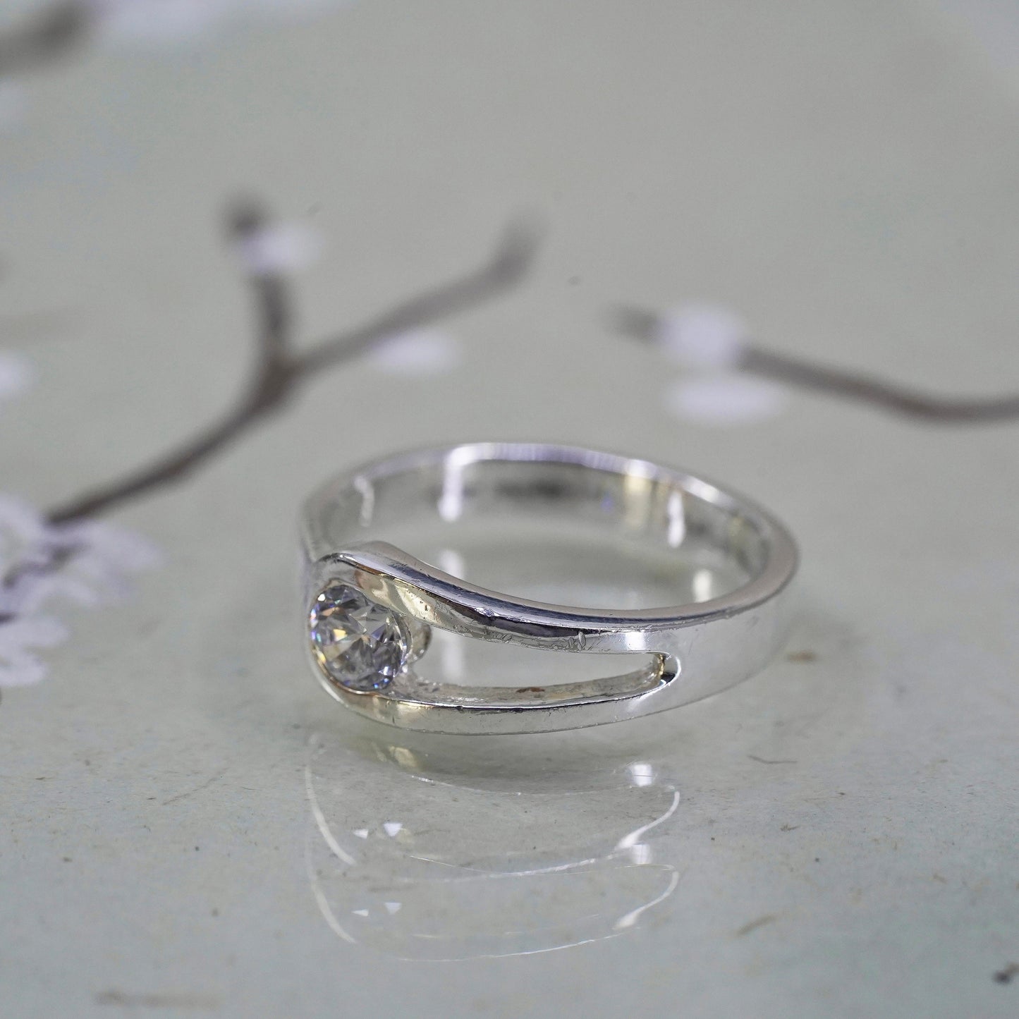 Size 8, Vintage sterling silver handmade ring, engagement ring with cz