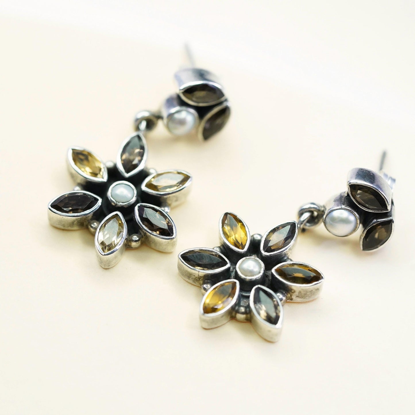 Sterling silver earrings, 925 multi gemstones flower citrine pearl smoky quartz