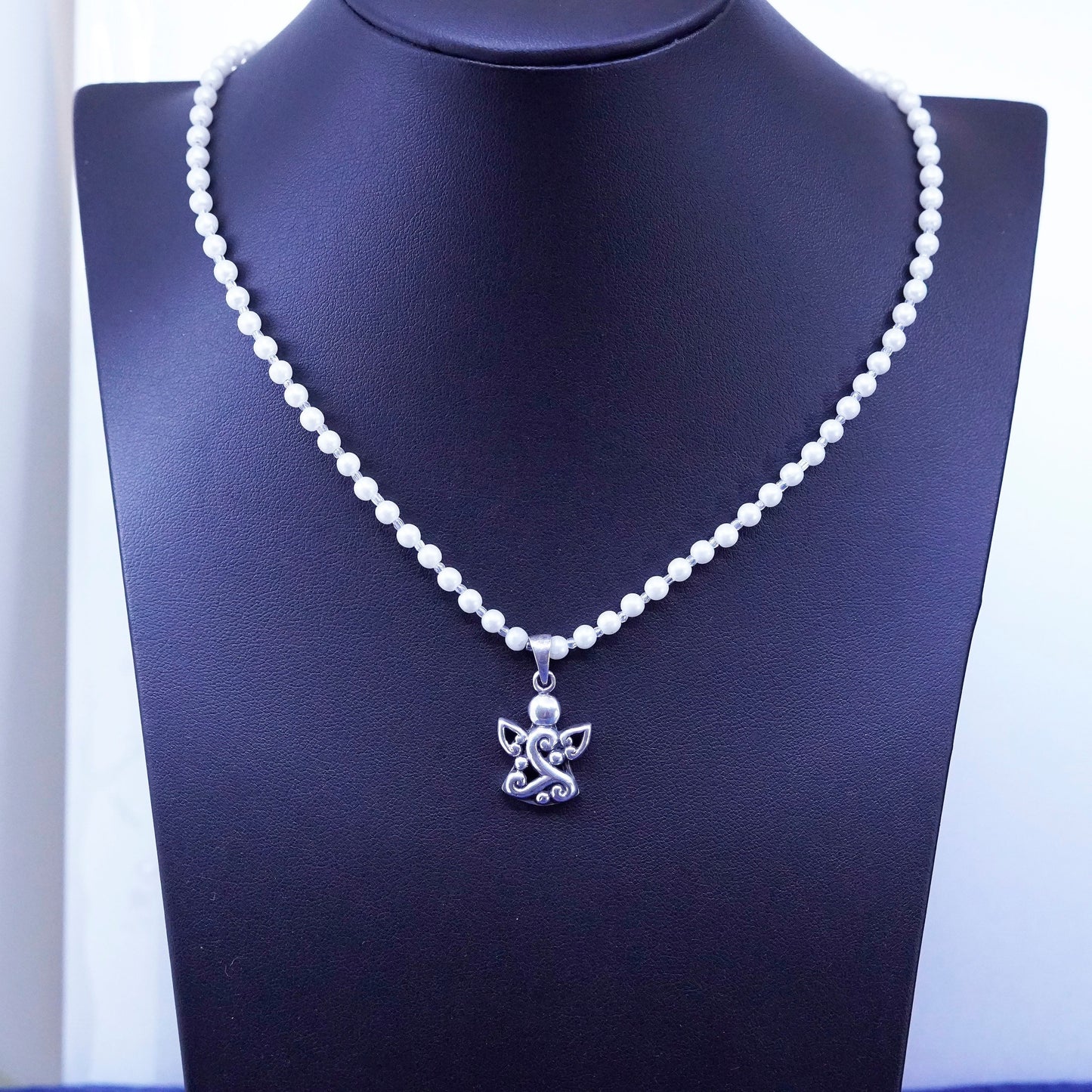 18”, vintage silver tone necklace, faux pearl beaded chain with filigree Angel