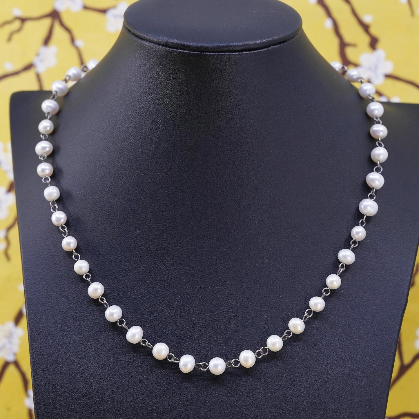 18", vintage Sterling 925 silver handmade necklace with 6mm pearls beads
