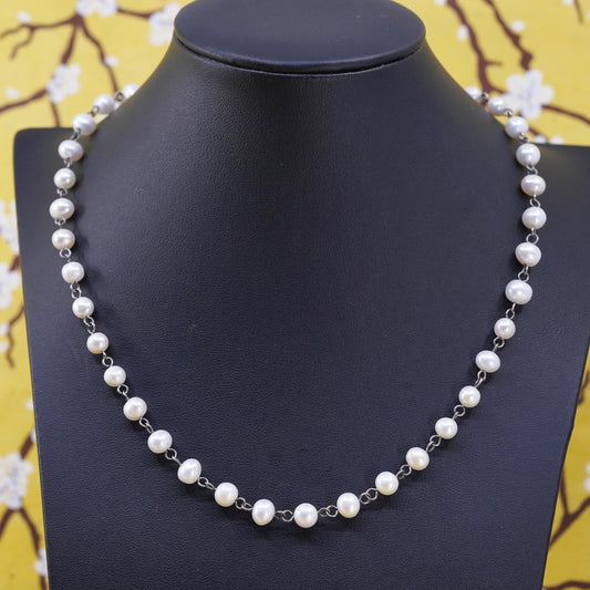 18", vintage Sterling 925 silver handmade necklace with 6mm pearls beads