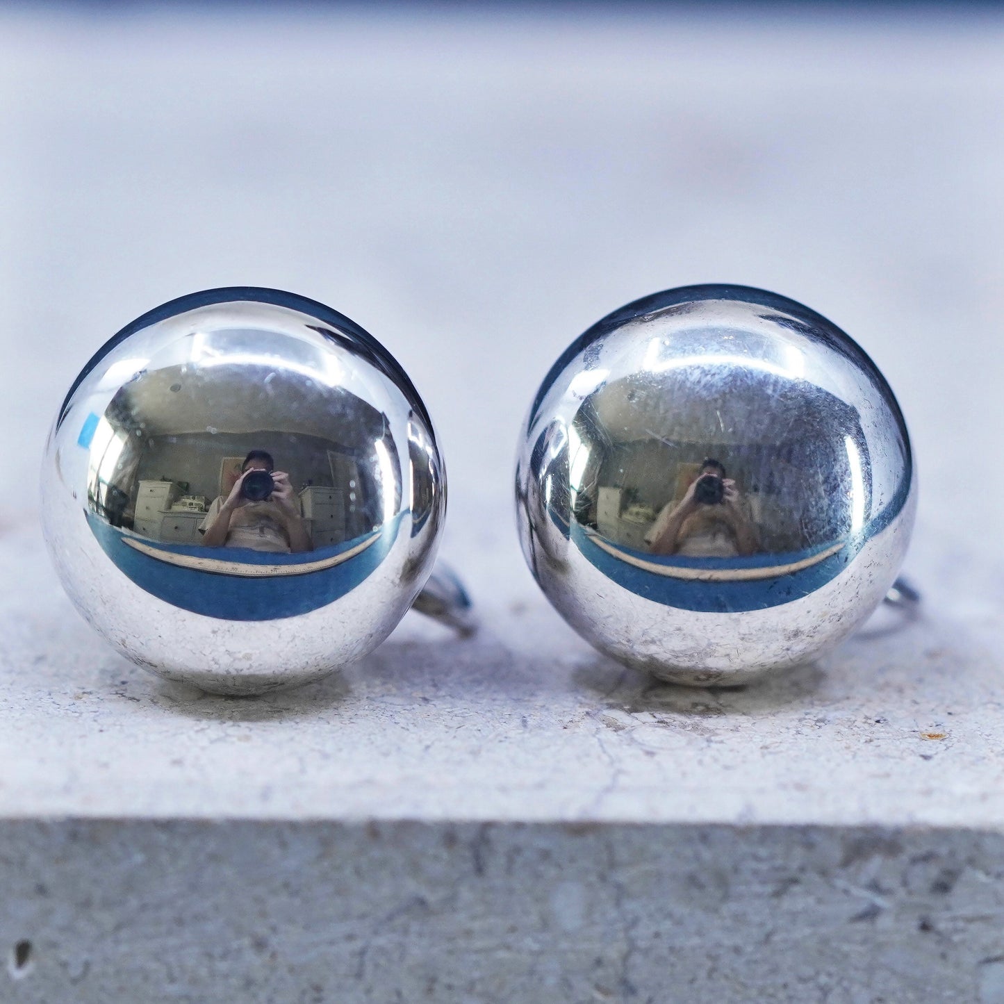 Vintage Sterling silver handmade earrings, high polished 925 Button screw back